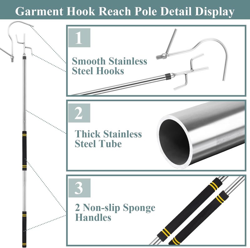 Frebuta Clothes Hook Pole Heavy Duty,32 to 80Inch High Reach Garment Hook for Hanging Birdfeeder Stainless Steels Tube Extension Pole to Reach High Hangers Sturdy and Durable (Silver Tube) - Image 4